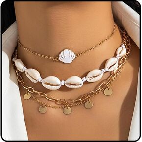 Dainty Layered Pearl Necklaces 14K Gold Plated Shell Starfish Eye Pedent Figaro Chain Choke Necklace Fashion Preppy Jewelry for Women Girls