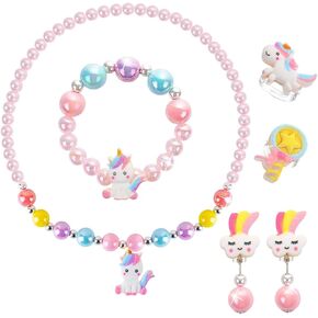 مجموعة مجوهرات DkakoJew للفتيات قلادة وسوار وأقراط وخاتم مجموعة قلادة يونيكورن للفتيات مجموعة مجوهرات عيد الهالوين هدية عيد الميلاد. in Kuwait