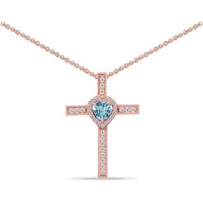 B. BRILLIANT Sterling Silver Genuine, Simulated Gemstone & Cubic Zirconia Halo Heart Cross Pendant Necklace for Women Girls Gift Box