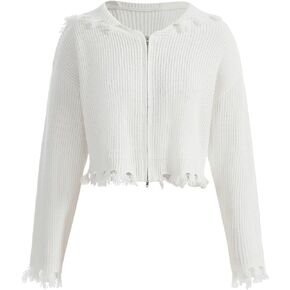 Verdusa Women's Raw Hem Zip Up Drop Shoulder Hooded Crop Cardigan Sweater