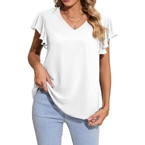 Womens Summer Tops Ruffle Short Sleeve V Neck Loose Fit Chiffon Blouse Shirt with Lining, High Low Hem