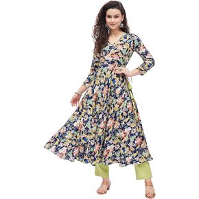 Tissu Women's Rayon Blue & Green Floral Printed Angrakha Kurta
