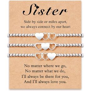 3 قطع من الأساور المتطابقة للأخوات - سوار على شكل قلب مطلي بالفضة قابل للتعديل بطول 7 بوصة + 2 بوصة in Kuwait