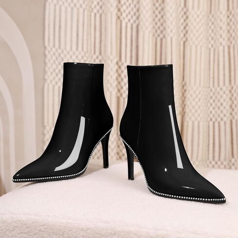 Joseywade Ankle Boots High Heel Boots Women Pointed Toe Stiletto Thin Slim Heel Booties 3.5" Side Zipper Beaded Short Beaded Boots Shoes in Saudi Arabia