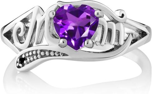 Gem Stone King 925 Sterling Silver Heart Shape Mothers Day Purple Amethyst and Black Diamond Mom MOM Women Ring (0.41 Cttw, Gemstone Birthstone, Available In Size 5, 6, 7, 8, 9) in Saudi Arabia
