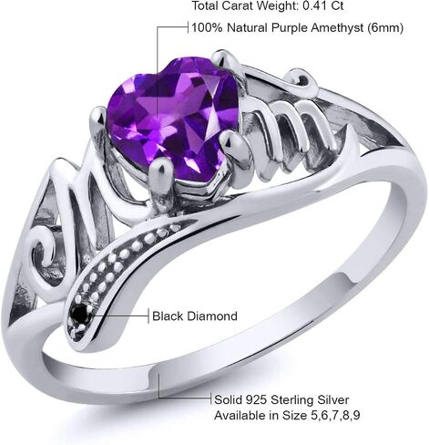 Gem Stone King 925 Sterling Silver Heart Shape Mothers Day Purple Amethyst and Black Diamond Mom MOM Women Ring (0.41 Cttw, Gemstone Birthstone, Available In Size 5, 6, 7, 8, 9) in Saudi Arabia