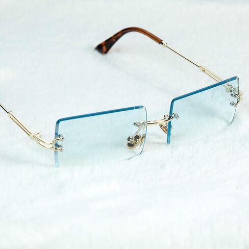 Mens Vintage Retro Rectangular Luxury Rimless Baby Blue Tint Sunglasses in Saudi Arabia