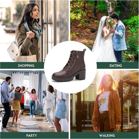 EETTARO Women's Fashion Chunky Heel Ankle Boots Lug Sole Lace Up Boot Ladies Side Zip Round Toe Anti-Slip Booties in Kuwait