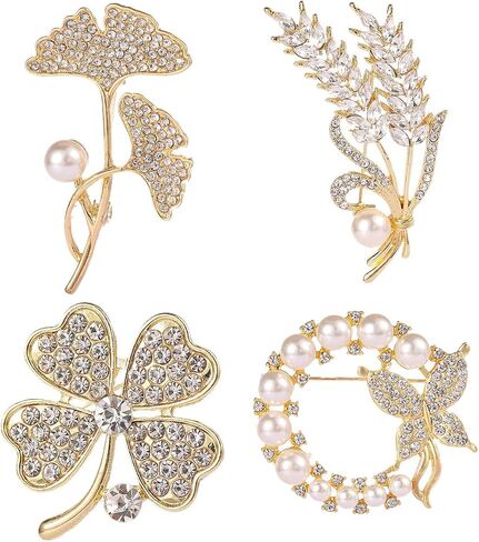 VIEEL 4 Pack Elegant Brooch Pin Sweater Shawl Clips Faux Rhinestones Collar Safety Engraving Metal Lapel Pin Jewelry for Women Girls Clothing Accessories, Metal, artificial gems in Saudi Arabia