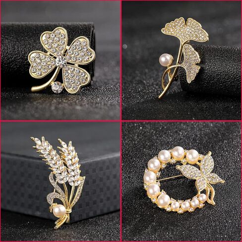 VIEEL 4 Pack Elegant Brooch Pin Sweater Shawl Clips Faux Rhinestones Collar Safety Engraving Metal Lapel Pin Jewelry for Women Girls Clothing Accessories, Metal, artificial gems in Saudi Arabia