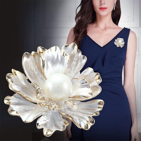 Peony Flower Brooch Vintage Pearl Brooch Lady Oil Drip Alloy Corsage Elegant Bezel Flower Pearl Brooch Banquet Wedding Exquisite Jewelry Gift Suitable for Female Friends, Metal, no gemstone in Kuwait