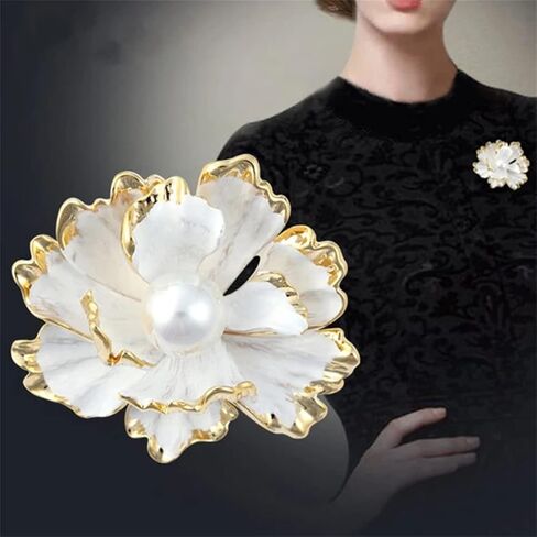 Peony Flower Brooch Vintage Pearl Brooch Lady Oil Drip Alloy Corsage Elegant Bezel Flower Pearl Brooch Banquet Wedding Exquisite Jewelry Gift Suitable for Female Friends, Metal, no gemstone in Kuwait