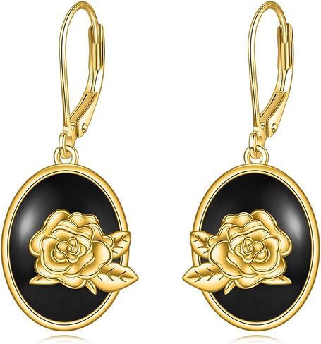 Black Onyx Oval Leverback Earrings 18K Gold Rose Flower Dangle Earrings in Saudi Arabia