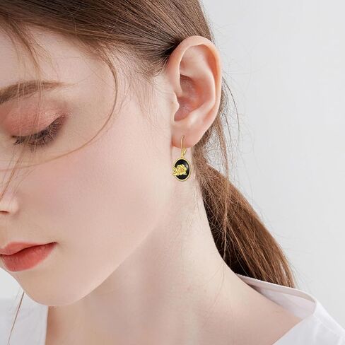 Black Onyx Oval Leverback Earrings 18K Gold Rose Flower Dangle Earrings in Saudi Arabia