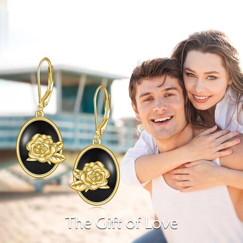 Black Onyx Oval Leverback Earrings 18K Gold Rose Flower Dangle Earrings in Saudi Arabia