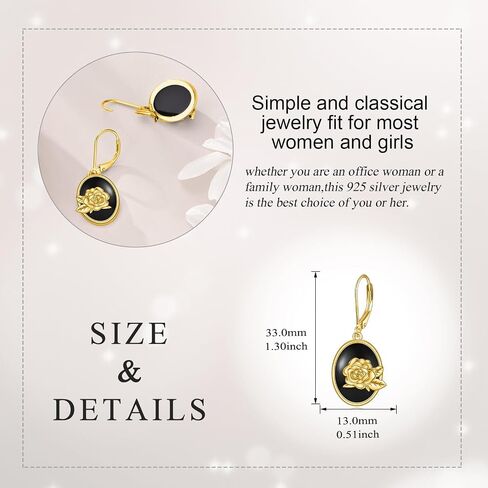 Black Onyx Oval Leverback Earrings 18K Gold Rose Flower Dangle Earrings in Saudi Arabia