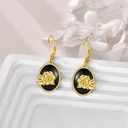 Black Onyx Oval Leverback Earrings 18K Gold Rose Flower Dangle Earrings in Saudi Arabia