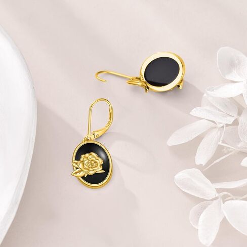 Black Onyx Oval Leverback Earrings 18K Gold Rose Flower Dangle Earrings in Saudi Arabia