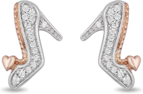 Jewelili Enchanted Disney Fine Jewelry 10K Rose Gold and Sterling Silver 1/10 Cttw Round White Diamond Cinderella Slipper Earrings in Saudi Arabia