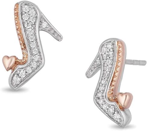 Jewelili Enchanted Disney Fine Jewelry 10K Rose Gold and Sterling Silver 1/10 Cttw Round White Diamond Cinderella Slipper Earrings in Saudi Arabia