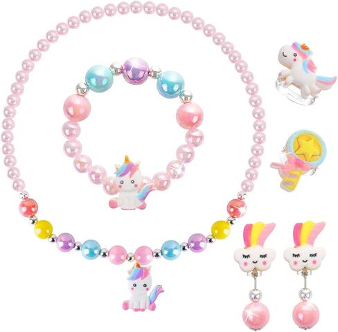 مجموعة مجوهرات DkakoJew للفتيات قلادة وسوار وأقراط وخاتم مجموعة قلادة يونيكورن للفتيات مجموعة مجوهرات عيد الهالوين هدية عيد الميلاد. in Kuwait
