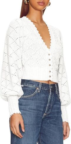 سترة نسائية من Langwyqu ذات رقبة على شكل V من الكروشيه وأكمام واسعة وأزرار سفلية سترة منسوجة عصرية قصيرة بوليرو in Kuwait