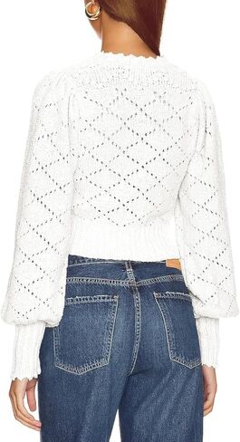 سترة نسائية من Langwyqu ذات رقبة على شكل V من الكروشيه وأكمام واسعة وأزرار سفلية سترة منسوجة عصرية قصيرة بوليرو in Kuwait