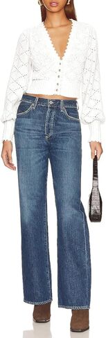 سترة نسائية من Langwyqu ذات رقبة على شكل V من الكروشيه وأكمام واسعة وأزرار سفلية سترة منسوجة عصرية قصيرة بوليرو in Kuwait