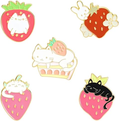 Cute Strawberry Animal Enamel Pin Cartoon Cat Bunny Fruit Cake Brooches Lapel Pins Badge Women's Jewelry Fashion Jewelry Gift for Kids Friends, Metal, no gemstone in Kuwait