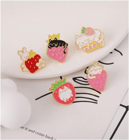 Cute Strawberry Animal Enamel Pin Cartoon Cat Bunny Fruit Cake Brooches Lapel Pins Badge Women's Jewelry Fashion Jewelry Gift for Kids Friends, Metal, no gemstone in Kuwait