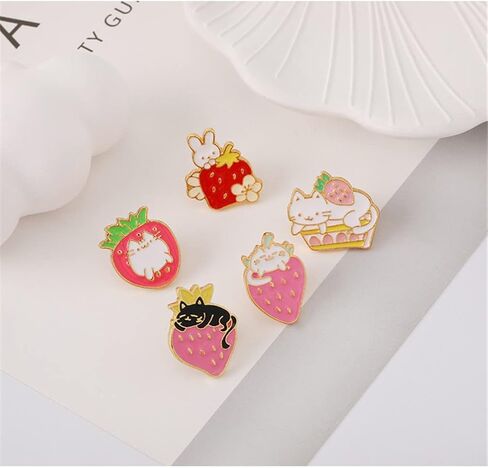 Cute Strawberry Animal Enamel Pin Cartoon Cat Bunny Fruit Cake Brooches Lapel Pins Badge Women's Jewelry Fashion Jewelry Gift for Kids Friends, Metal, no gemstone in Kuwait