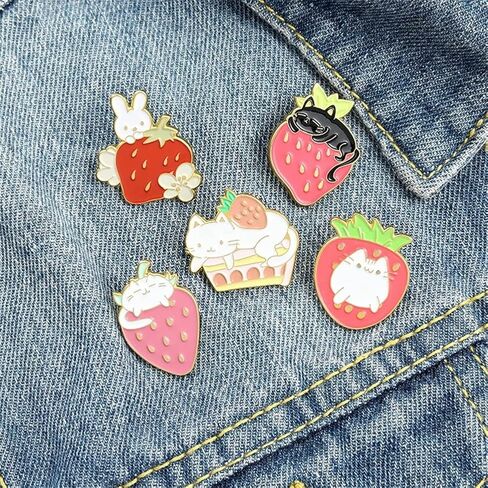 Cute Strawberry Animal Enamel Pin Cartoon Cat Bunny Fruit Cake Brooches Lapel Pins Badge Women's Jewelry Fashion Jewelry Gift for Kids Friends, Metal, no gemstone in Kuwait
