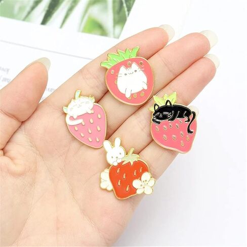 Cute Strawberry Animal Enamel Pin Cartoon Cat Bunny Fruit Cake Brooches Lapel Pins Badge Women's Jewelry Fashion Jewelry Gift for Kids Friends, Metal, no gemstone in Kuwait