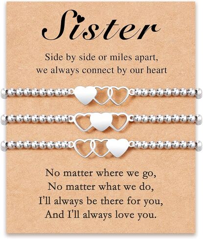 3 قطع من الأساور المتطابقة للأخوات - سوار على شكل قلب مطلي بالفضة قابل للتعديل بطول 7 بوصة + 2 بوصة in Kuwait