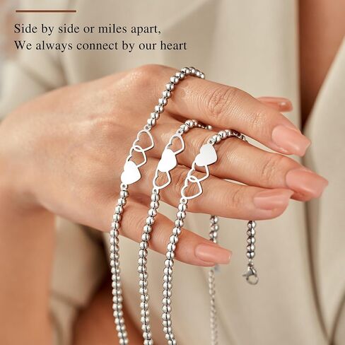 3 قطع من الأساور المتطابقة للأخوات - سوار على شكل قلب مطلي بالفضة قابل للتعديل بطول 7 بوصة + 2 بوصة in Kuwait