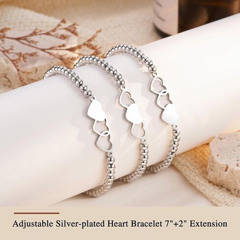 3 قطع من الأساور المتطابقة للأخوات - سوار على شكل قلب مطلي بالفضة قابل للتعديل بطول 7 بوصة + 2 بوصة in Kuwait