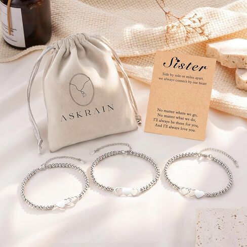 3 قطع من الأساور المتطابقة للأخوات - سوار على شكل قلب مطلي بالفضة قابل للتعديل بطول 7 بوصة + 2 بوصة in Kuwait