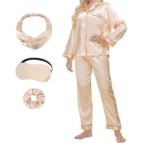 طقم بيجامات حريمي من الساتان والحرير مكون من 5 قطع من MORFORU، قميص بأزرار وأكمام طويلة وسروال قصير وقناع للعين وحلقة شعر in Kuwait