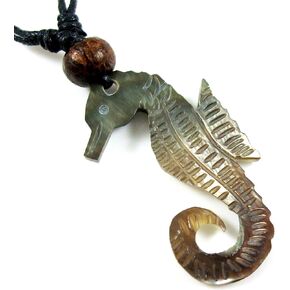 Swimmi Hand Carved Seahorse Mother of Pearl Shell Pendant Beads Cord Necklace Handmade Jewelry CA201