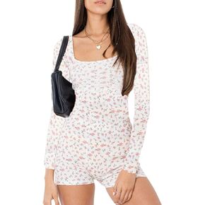 Mieeyali Women Y2K Floral Print V Neck Button-Down Long Sleeve Bodycon Rompers Shorts Bodysuit Homewear