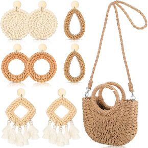 Summer Beach Straw Purse Earrings Set Straw Bag Vacation Purse with 4 Pairs Rattan Boho Earrings Crossbody Tote Bag Tassel Earrings Clutch Handbag for Women