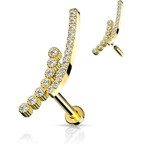16 Gauge Double Lined CZ Paved Curve Top on Internally Threaded 316L Surgical Steel Flat Back Studs for Labret, Cartilage and More