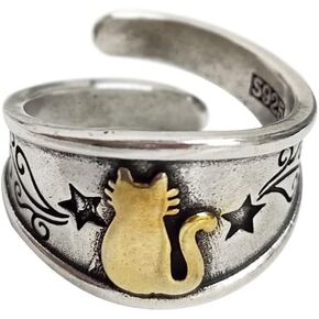 Retro Little Cat Open Band Ring for Men Women Boys Vintage Star Statement Wrap Adjustable Rings Extendable Knuckle Middle Finger Comfort Fit Jewelry Gift Best Friends Birthday