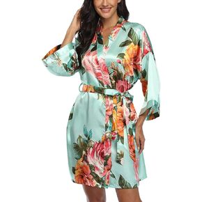 ABC-STAR Women's Floral Kimono Robe Short Satin Rose Wedding Dressing Gown Bride Bridesmaid Getting Ready