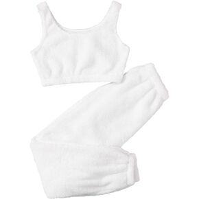 GORGLITTER Women's 2 Piece Fuzzy Pajamas Fluffy Lounge Set Tank Crop Top with Pants Sleepwear