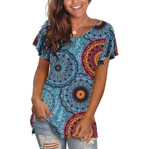 DB MOON Womens Tops 2023 Summer Ruffle Short Sleeve T Shirts Casual Shirred Crewneck Loose Tunic Top