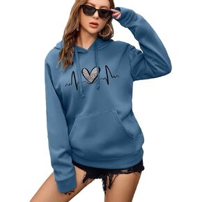 SweatyRocks Women's Heart Print Drawstring Pocket Hoodie Drop Shoulder Pullover Lined Sweatshirt