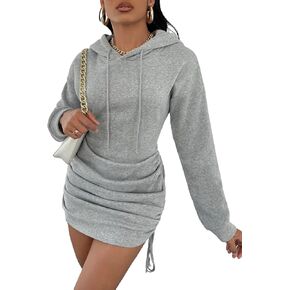 Floerns Women's Ruched Side Drawstring Hoodie Dress Drop Shoulder Solid Sweatshirt