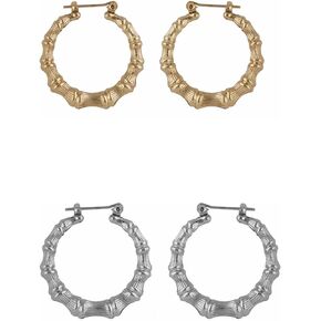 2 Pairs Bamboo Hoop Earrings Large Round Oversized Gold Silver Bamboo Hoop Earrings Babygirl Royalty Font Big Circle Hoop Earrings 80s/90s Hip Hop Fashion Party Costume Accessories