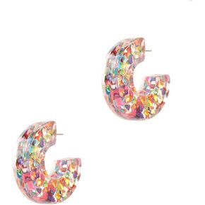 Rosemarie & Jubalee Women's Colorful Glitter Confetti Filled Chunky Resin Hoop Hypoallergenic Post Back Earrings, 1.5"
